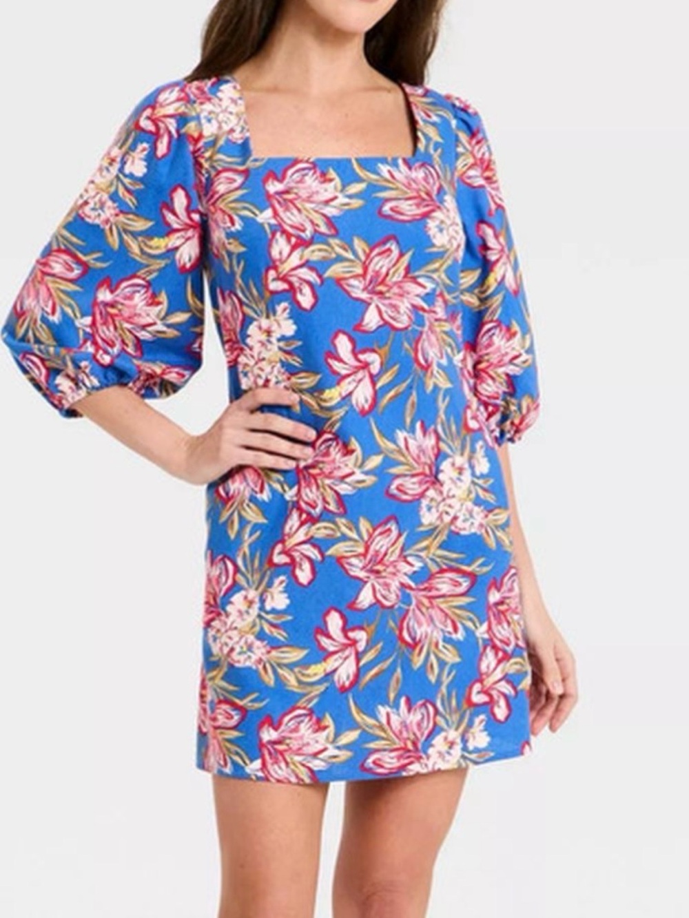🎯50% OFF! A new day linen blend Blue Floral Square-Neck Puff-Sleeve Dress